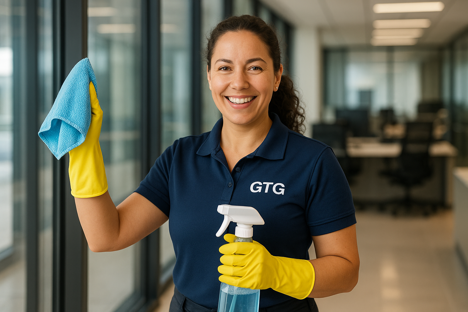 a happy woman cleaning an office building smiling with a cloth and a spray bottle and rubber gloves. She is in a navy polo shirt uniform with "GTG" as a logo on her shirt.  